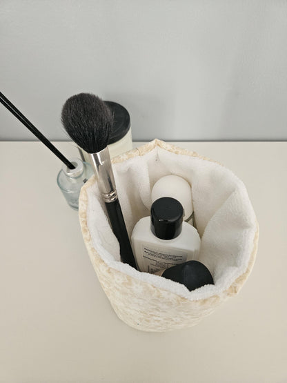 Makeup Organizer Puff Bucket Bag – Floral Terry Makeup Organizer, Cute Vanity & Toiletry Organizer, Travel Pouch for Cosmetics