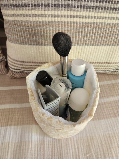 Makeup Organizer Puff Bucket Bag – Floral Terry Makeup Organizer, Cute Vanity & Toiletry Organizer, Travel Pouch for Cosmetics